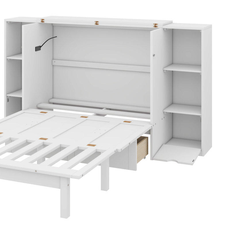 Grand lit escamotable spacieux comprenant des tiroirs à tablettes et un chargeur USB, Blanc
