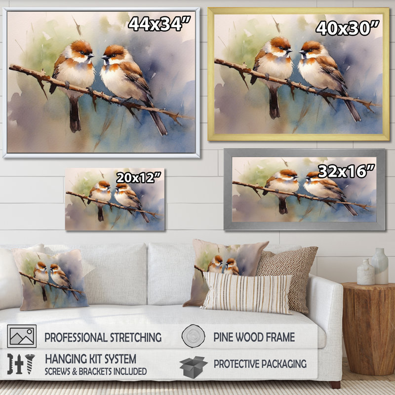 Oiseau moineau beige et brun - art mural oiseau, H 12 po x l 20 po x P 1 po, Toile tendue