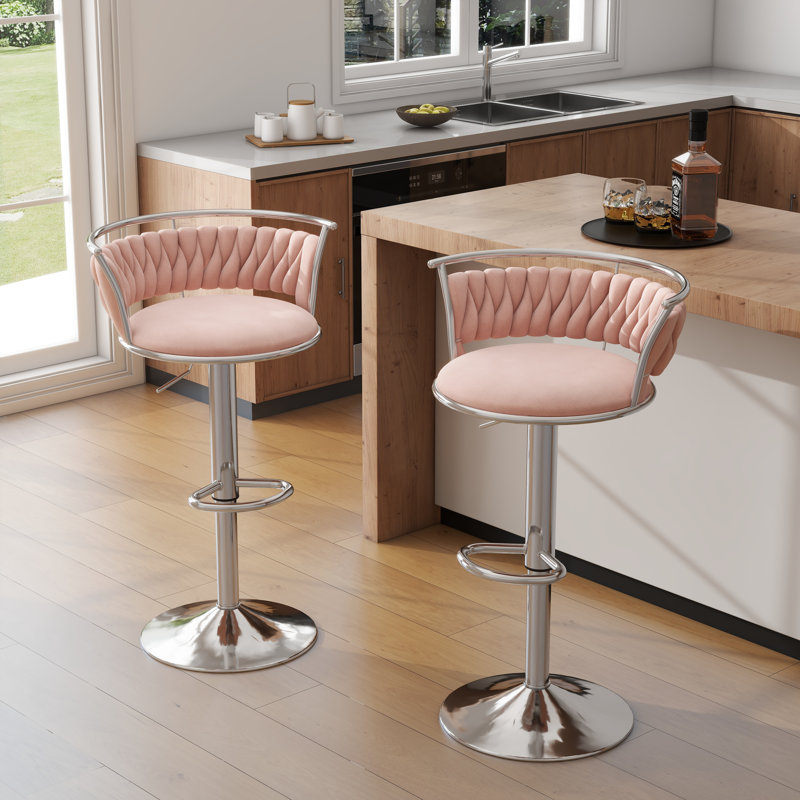 Tabouret de bar pivotant avec dossier Ginko, Rose, Argent argent