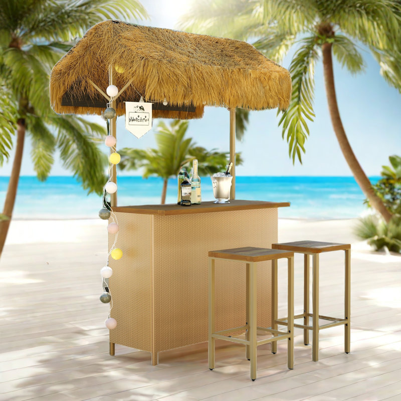 Hawaiian-style Bar Patio Set Included A Table With Canopy And Two High Stools