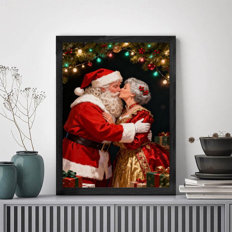 «Black and Santa», Père Noël embrassant un art mural de Noël romantique, impressions de style rétro, H 11 po x l 9 po