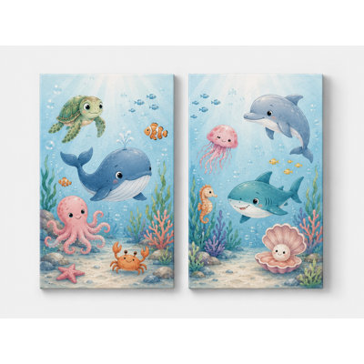 Grand ensemble de 2 animaux muraux océan pour chambre d'enfant, baleine, dauphin, tortue, requin, aquarelle, décoration sur toile pour bébé, salle de bain, impression sur toile 16 x 24 pouces