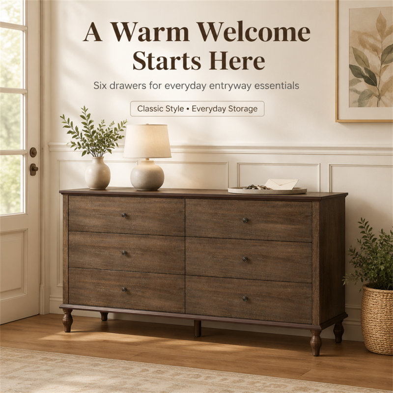 Commode double en bois à 6 tiroirs, Deep Rustic Brown