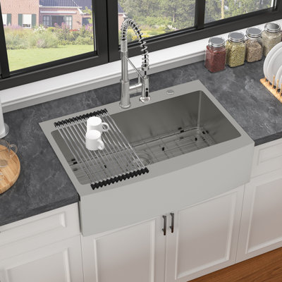 Évier de cuisine à montage sur le dessus 33 po x 22 po, évier simple en acier inoxydable à tablier frontal de calibre 16 avec grille inférieure, support de séchage et ensemble de bonde