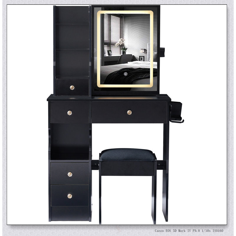 Compact Vanity Table With LED Mirror, Power Station, And Cushioned Stool For Small Bedrooms, Tri-Color Lighting, And Adjustable Brightness