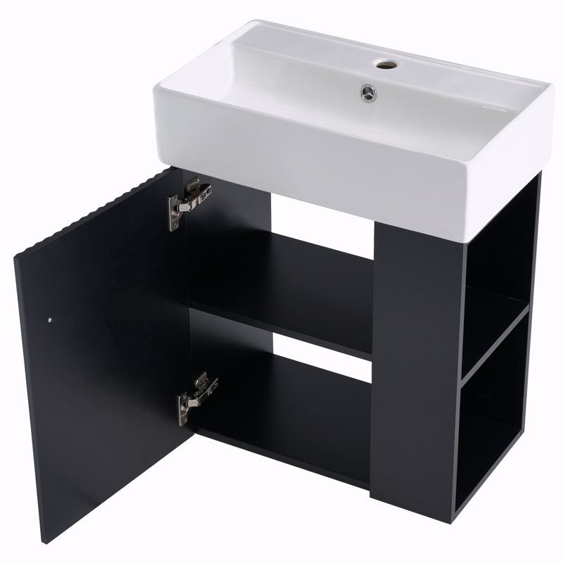Meuble-lavabo flottant avec lavabo en céramique, Noir, noir, noir, noir