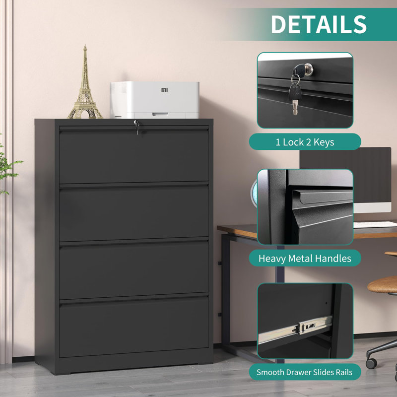 4 Drawer Metal Lateral Filing Cabinet with Lock for Home Office A4/Letter/Legal Size, Black