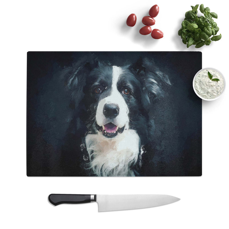 Tempered Glass Portrait of a Border Collie Dog Chopping Board, 39 cm W x 28.5 cm L
