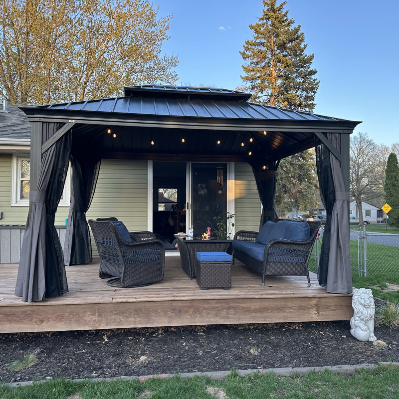 Pavillon de jardin permanent en aluminium 10 pi x 13 pi avec toit double en acier galvanisé pour terrasse et jardin, rideaux et filet inclus, gris