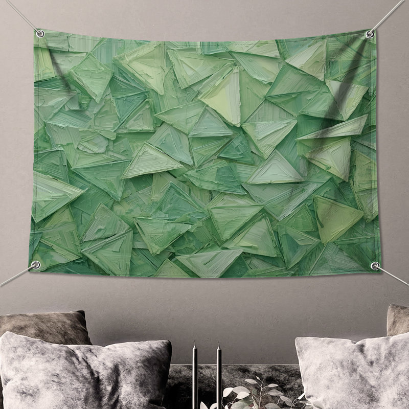 Tapisserie murale géométrique à motifs de triangles verts - Décoration murale triangles, H 104 po x 88 avec 4 œillets