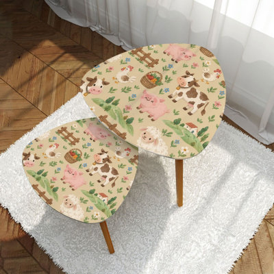 Modern Triangle Nesting Coffee Table Set of 2 Farm Animals Cows Pigs Sheep Chickens Pastoral Mid Century Stackable End Table Small Accent Side Table for Living Room Bedroom Apartment Home Decor