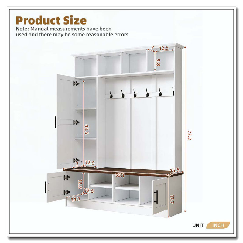 3-in-1 Hall Tree with 6 Hooks, Farmhouse Walnut Storage Bench with Adjustable Shelves, White