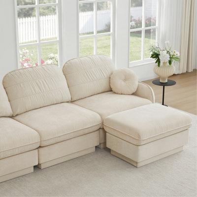 Chenille Cloud U-Shaped Loveseat Sofa,Deep Seat Sofa Couch with Movable Ottomans,Exquisite round pillows and quilted back cushions,Recessed Base Frame Legs,Easy Assembly,Fits Living Room,Cream Beige