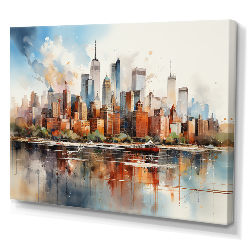 Dreamy New York Scenery Retro Watercolor - Print, Wrapped Canvas, 16" H x 32" W x 1" D