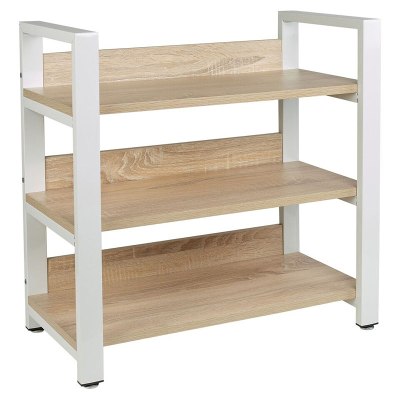 3 Tier Metal & Wood Shelf Shoe Multi Purpose Storage Display Racking Unit, Natural/White
