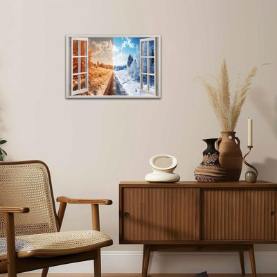 «Large Window View Canvas Wall Art Split Autumn and Winter Landscape», impression sur toile encadrée, forêt d'hiver, affiche pour salon, chambre à coucher, bureau, décoration murale, 24 po x 36 po