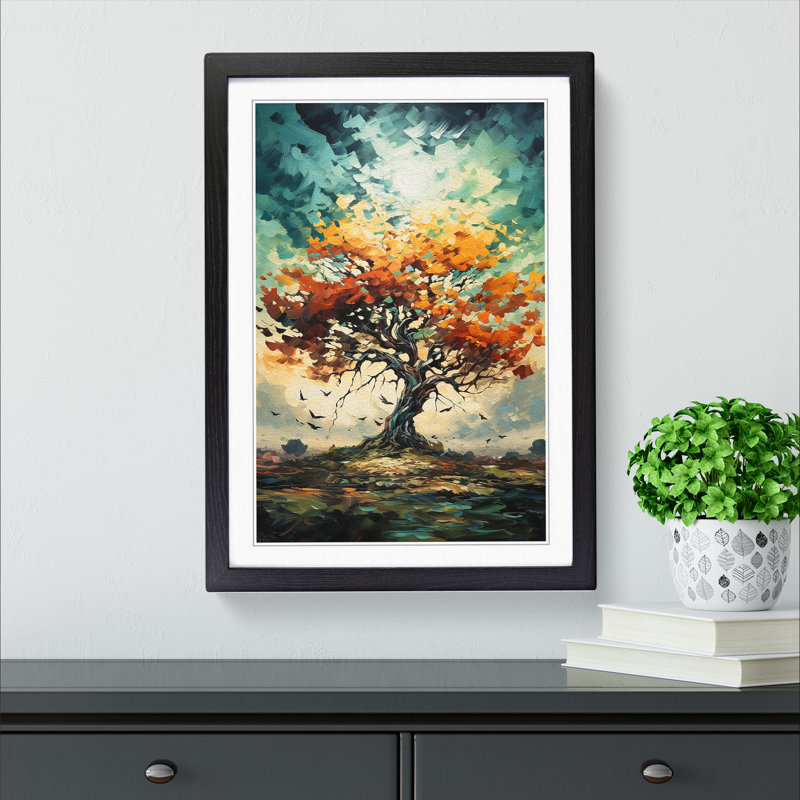 Oak Tree Action No.3 - Single Picture Frame Print on Wood, 64cm H x 46cm W x 2cm D, Black