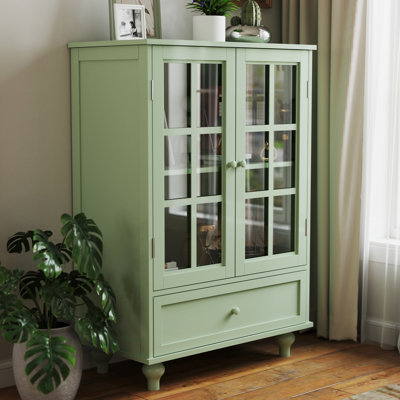 Armoire de salle à manger avec portes doubles en verre et tiroir. Fabrication, support de pieds en bois massif, fenêtres trempées. Configuration de tablette réglable, rangement de tiroir fonctionnel. 28 po P 15 po l 38 po, 48,4 lb
