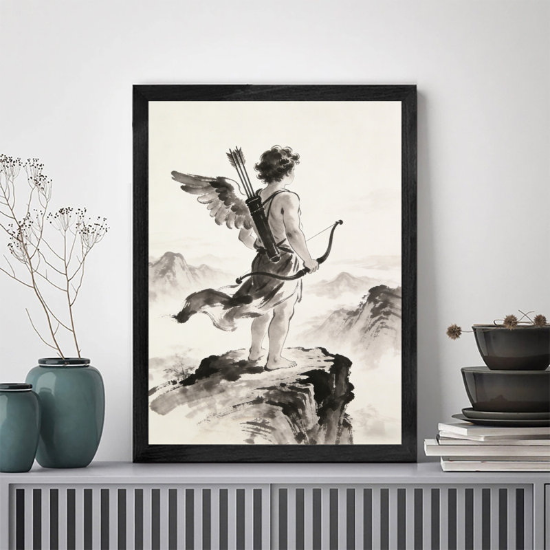 Reproduction d'art encadrée noire "Cupidon tenant un arc et une flèche", impression sur le thème de la Saint-Valentin