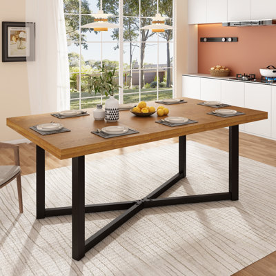 Table de salle à manger 71 "pour 4-8 personnes - Table de cuisine en bois massif rustique avec pieds en acier à base en X, plateau rectangulaire en bois franc pour la maison ou le bureau