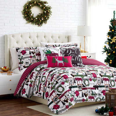 Southshore Fine Linens Merry Town Reversible Comforter Bedding Set, 6-Piece, 1 Comforter, 2 Shams, 1 Throw Pillow and 2 Pillow Covers, Full/Queen