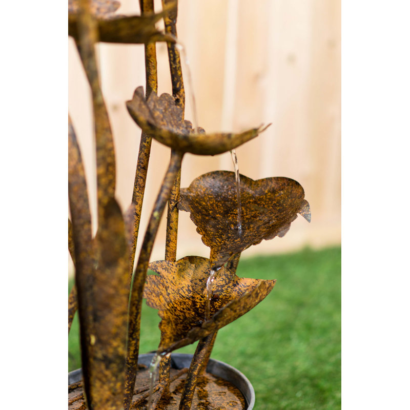 Rustic Metal Flamingo Garden Fountain with Leaves