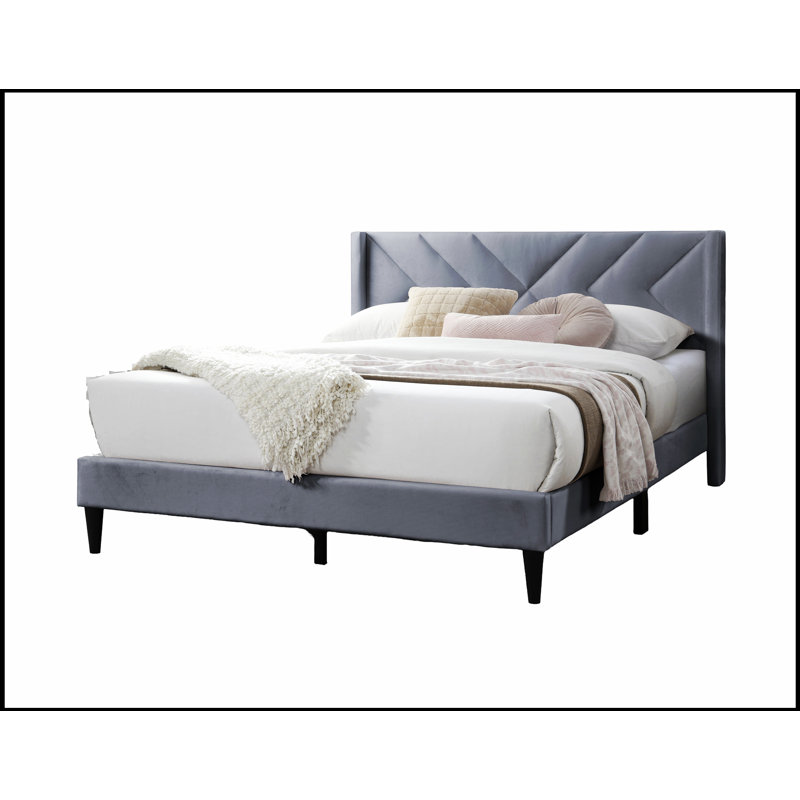 Lit rembourré élégant en velours gris moderne avec tête de lit aux lignes épurées et cadre de lit durable