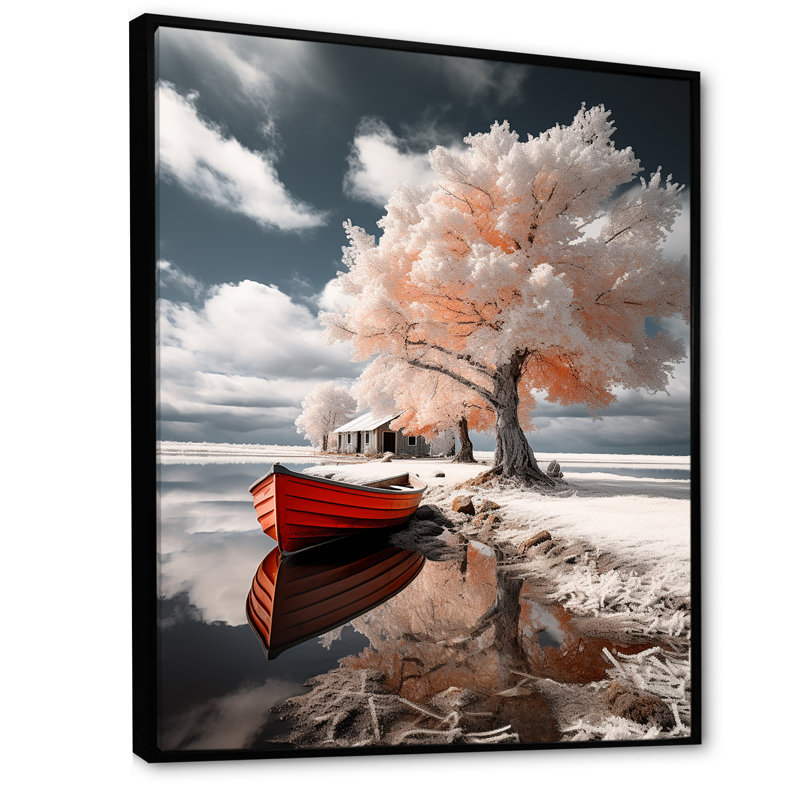 Bateau sur toile Larnette, Suède rouge, Suède, H 44 po x l 34 po x P 1,5 po, Cadre flottant noir