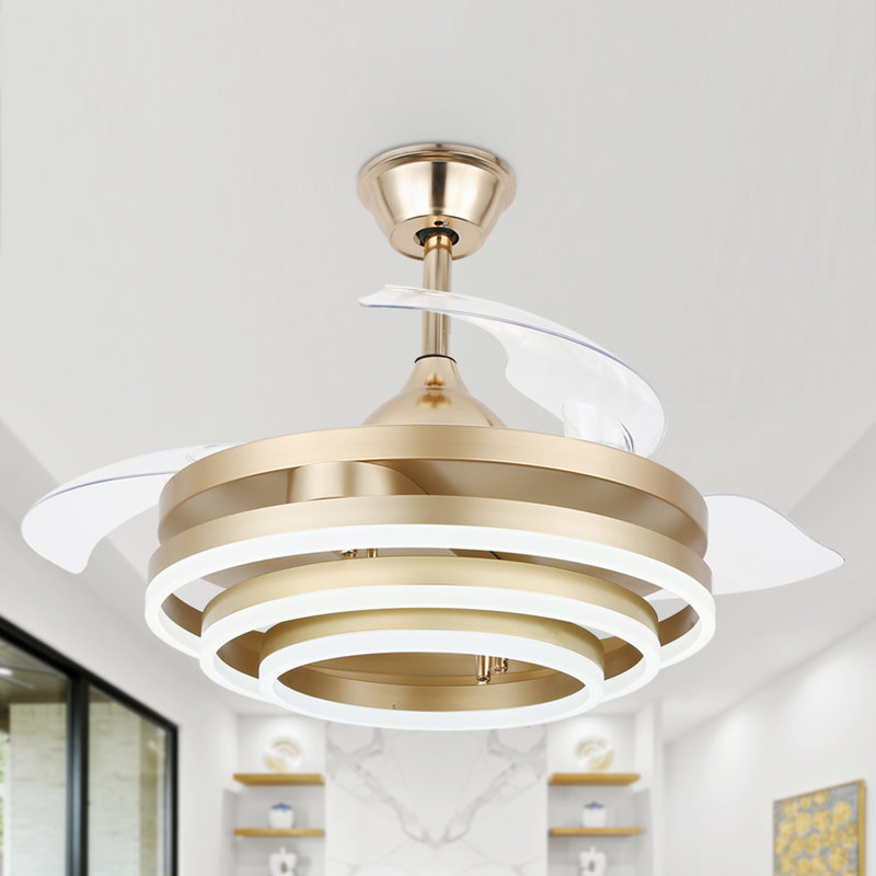 Gold Retractable LED Ceiling Fan Chandelier with Remote Control