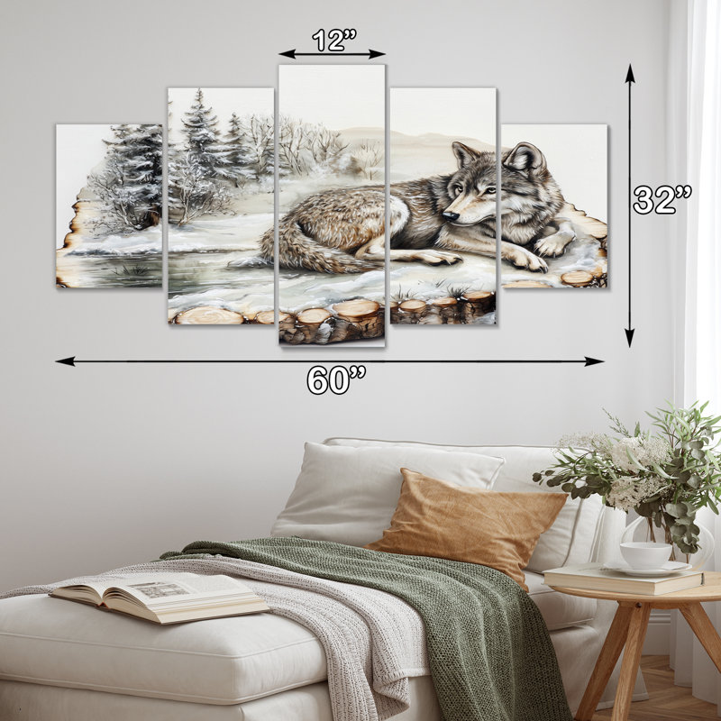 «Wolf in Winter Forest Lake Landscape I», art mural animal loup - ensemble d'art mural moderne 5 pièces