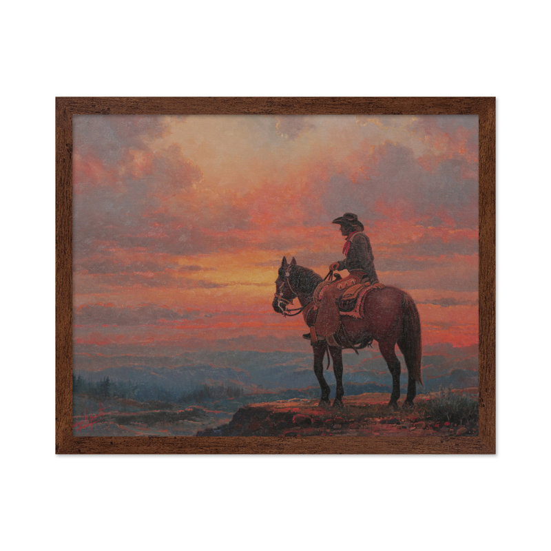 Coucher de soleil Cowboy, Poster, 16"H x 20"W, Brown Framed
