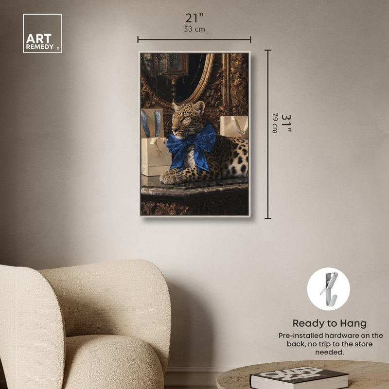 «Velvet Bow Leopard Glam», reproduction d'art sur toile par Art Remedy, H 30 po x l 20 po, Cadre argenté
