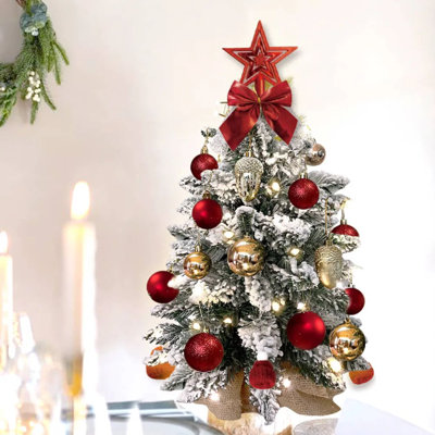 22In Tabletop Christmas Tree With Light Artificial Small Mini Red Christmas Decoration With Flocked Snow, Exquisite Decor & Xmas Ornaments For Table Top For Home & Office, Red