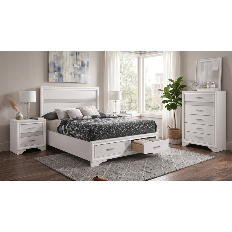 Mercer White Queen 4-piece Bedroom Set, White, 4 Pcs: Bed, Chest, 2 Nightstands, Full / Double