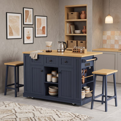 Ensemble d'îlot de cuisine 3 pièces avec 2 tabourets roulants, abattant, station de charge, tablettes réglables et roulettes verrouillables
