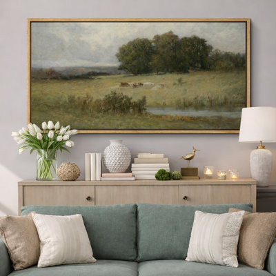 Pastoral Meadow With Cows Landscape Artwork, Living Room Dining Room Pictures, Framed Canvas Giclee Print Wall Art