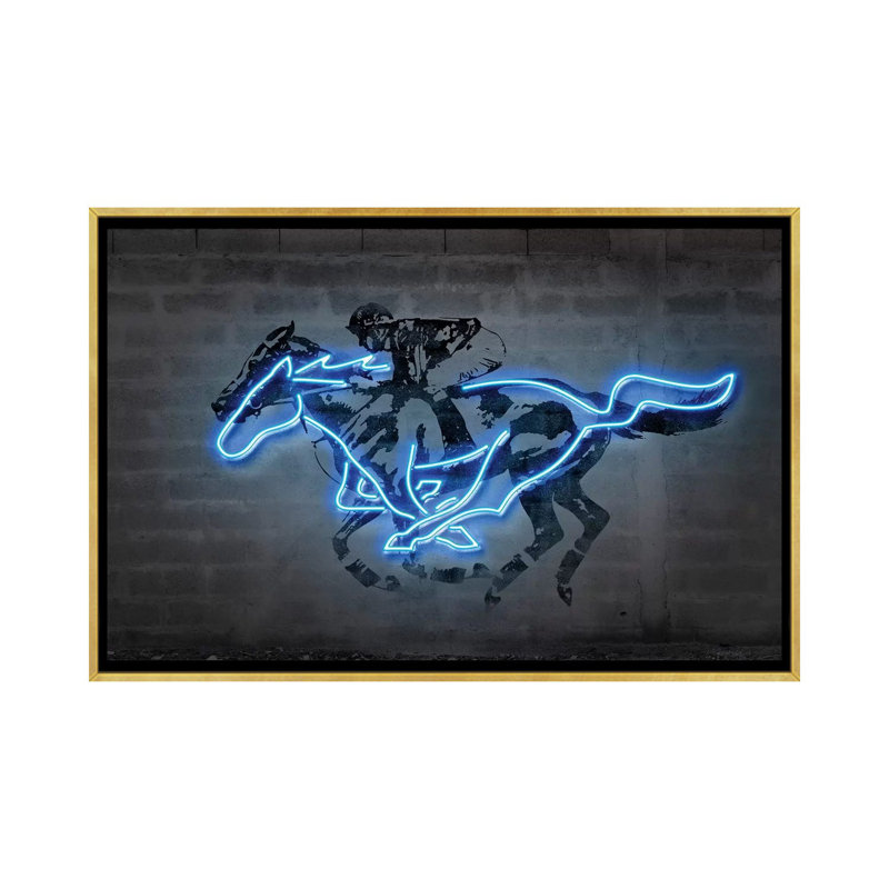 Reproduction d’art, "Mustang" par octave Mielu, H 40 po x l 60 po x 1,5 po, Toile encadrée d'or, Pas de tapis