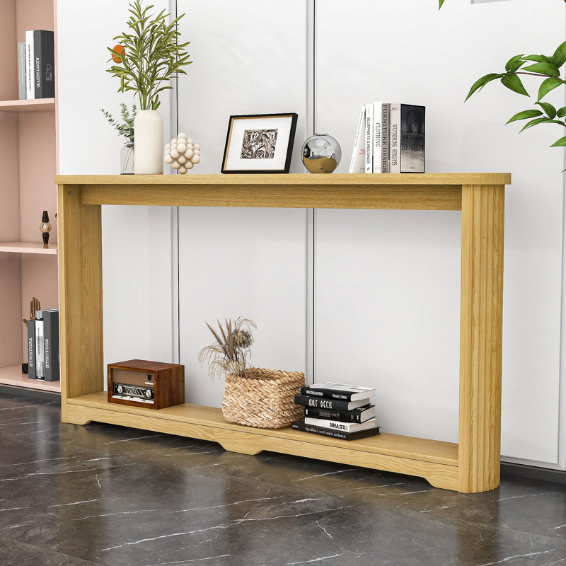 Console étroite en bois avec texture ondulée, table de rangement pour le vestibule, table à dossier pour canapé, Naturel