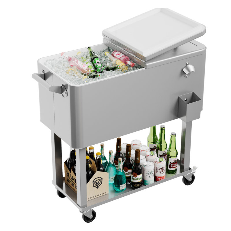 80 pte / 20 gallons Chariot de refroidissement extérieur pour terrasse, armoire de rangement pour glacière autoportante en acier inoxydable avec roulettes