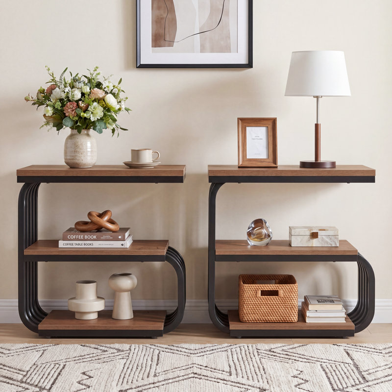 Table de chevet à 3 niveaux avec rangement, table de chevet en C de 25,59 po pour chambre à coucher, ensemble de 2, Brun
