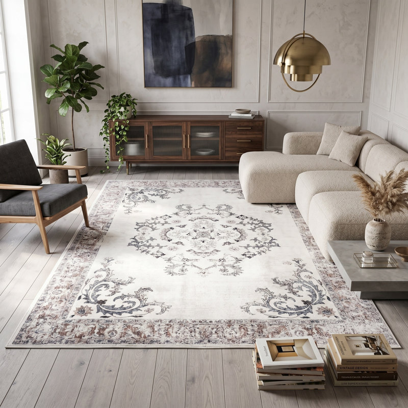 Laiden Oriental Non-Slip Machine Washable Vintage Neutral Area Rug for Living Room, Bedroom, Hallway Runner Indoor Rugs