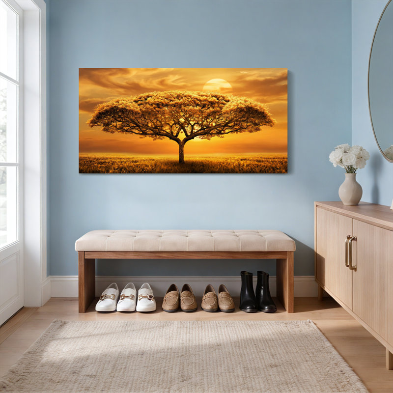 Ensemble de 1 tableau sur toile tendue représentant un paysage d'acacias au coucher du soleil, H 24 po x l 48 po