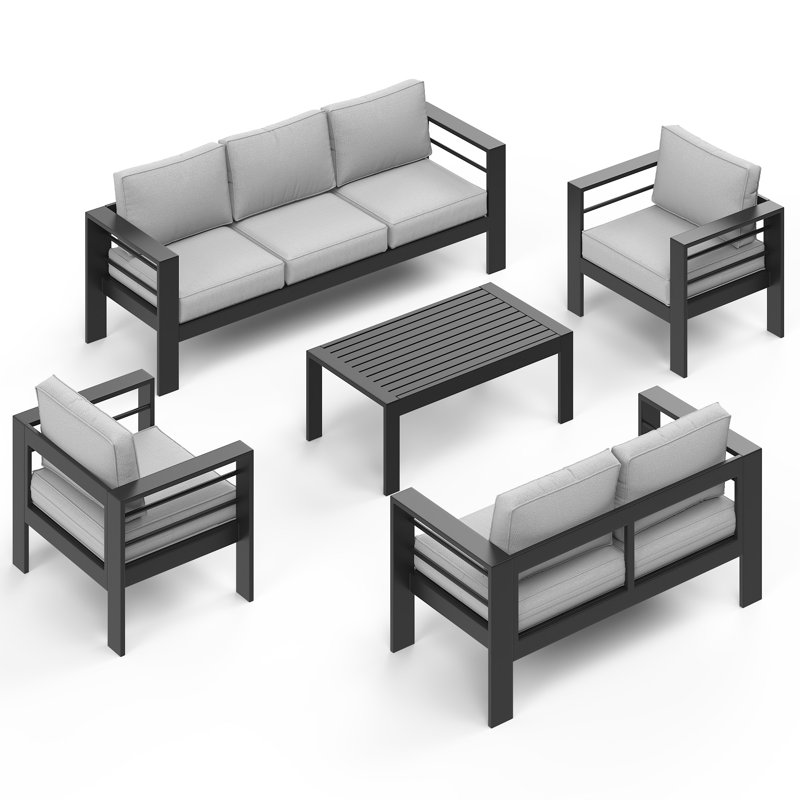 5-Piece Outdoor Patio Furniture Set With Upgraded Cushions, Black Frame/Light Gray Cushion