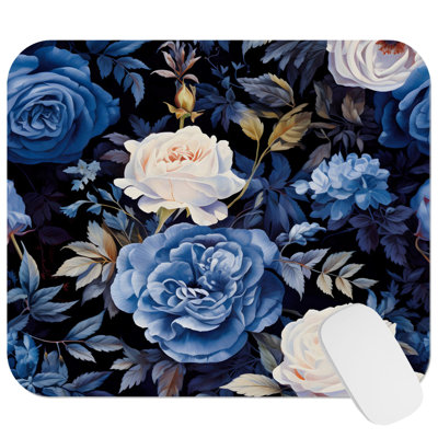 Floral Navy Blue Flowers Pattern II Flower Cottage Gaming Cute Office Laptop Desk Pad Gift Mat Square Rectangle Non-Slip Mousepad