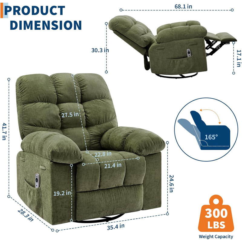 Oversized Rocking Recliner Chair, 360 Degree Swivel Massage Chair with Vibration Massage and Heat, Green