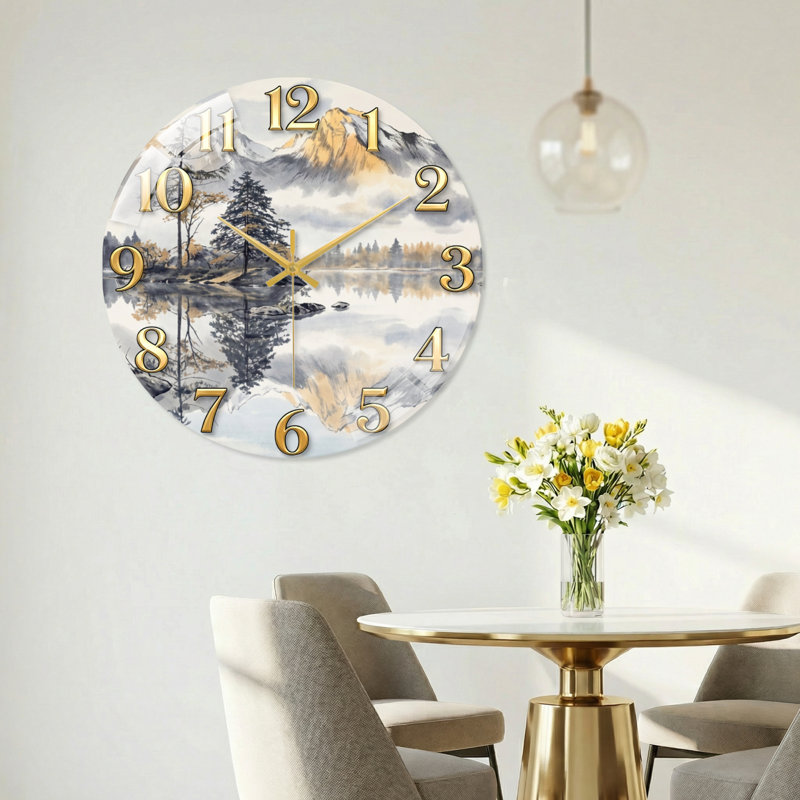 "Mountain Lake", horloge murale en verre, 60 x 60 cm (23,6 x 23,6 pouces)