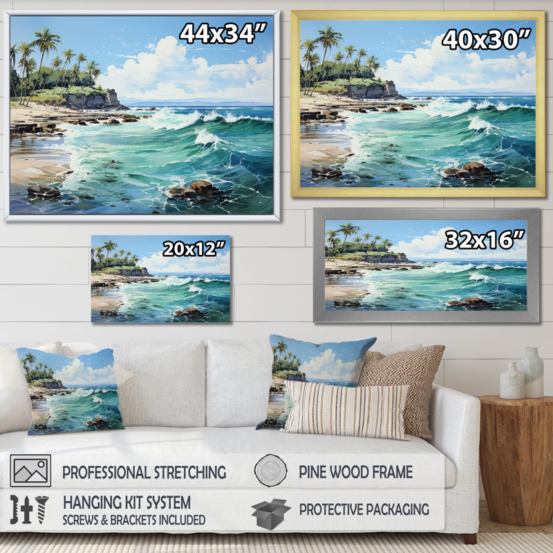 Reproduction sur toile d'un palmier turquoise sur fond tropical, H 34 po x l 44 po x P 1,5 po, Cadre flottant noir