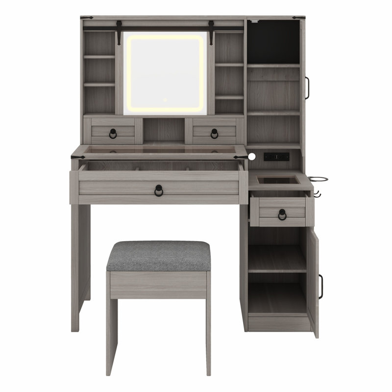 Ensemble de coiffeuse avec miroir lumineux coulissant Farmhouse, coiffeuse en verre avec station de charge, ensemble de meuble-lavabo 4 tiroirs 2 armoires avec tabouret