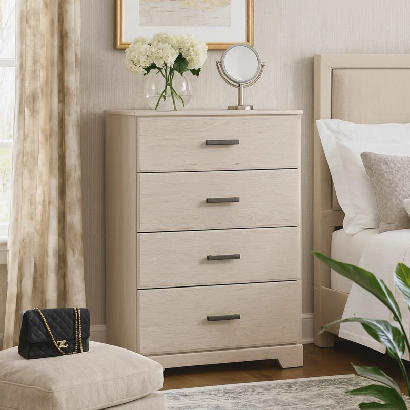 Commode haute Tely, 4 tiroirs, blanc campagne moderne stratifié