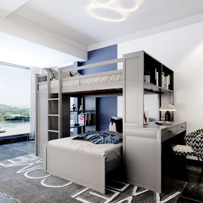 Full size Loft Bed with a twin size Stand-alone bed, Shelves,Desk
